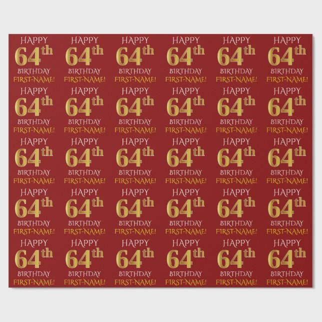 Red, Faux Gold "HAPPY 64th BIRTHDAY" Wrapping Paper (Flat)