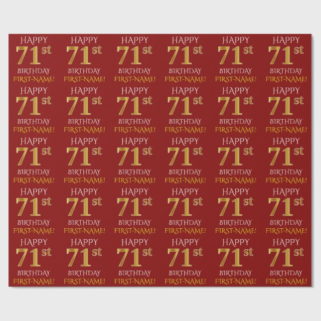 Red, Faux Gold "HAPPY 71st BIRTHDAY" Wrapping Paper (Flat)