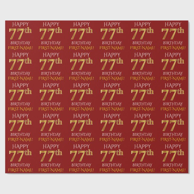 Red, Faux Gold "HAPPY 77th BIRTHDAY" Wrapping Paper (Flat)