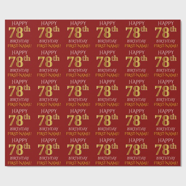Red, Faux Gold "HAPPY 78th BIRTHDAY" Wrapping Paper (Flat)