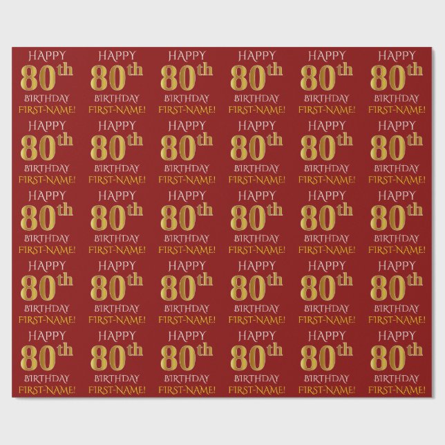 Red, Faux Gold "HAPPY 80th BIRTHDAY" Wrapping Paper (Flat)