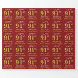 [ Thumbnail: Red, Faux Gold "Happy 91st Birthday" Wrapping Paper ]