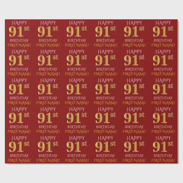 Red, Faux Gold "HAPPY 91st BIRTHDAY" Wrapping Paper (Flat)