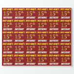 [ Thumbnail: Red, Faux/Imitation Gold, "15th Birthday" Wrapping Paper ]
