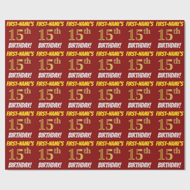 Red, Faux/Imitation Gold, "15th BIRTHDAY" Wrapping Paper (Flat)