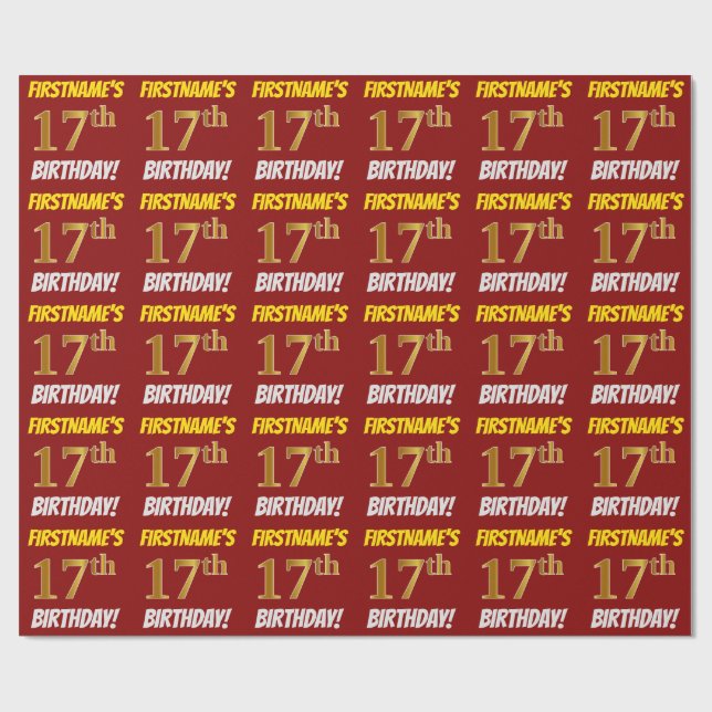 Red, Faux/Imitation Gold, "17th BIRTHDAY" Wrapping Paper (Flat)