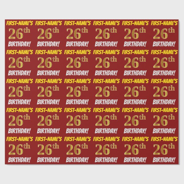 Red, Faux/Imitation Gold, "26th BIRTHDAY" Wrapping Paper (Flat)