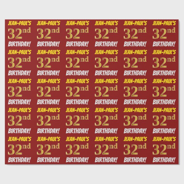 Red, Faux/Imitation Gold, "32nd BIRTHDAY" Wrapping Paper (Flat)