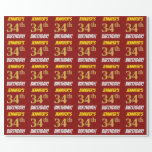 [ Thumbnail: Red, Faux/Imitation Gold, "34th Birthday" Wrapping Paper ]