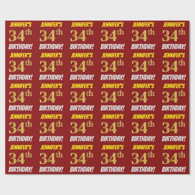 Red, Faux/Imitation Gold, "34th BIRTHDAY" Wrapping Paper (Flat)