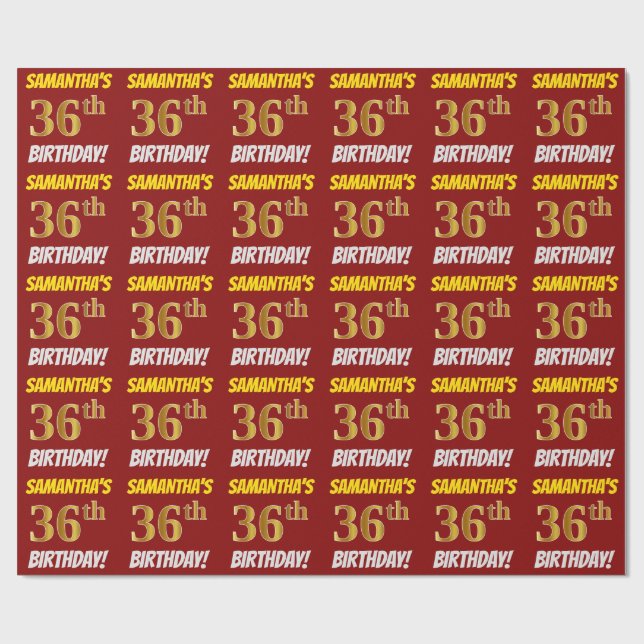 Red, Faux/Imitation Gold, "36th BIRTHDAY" Wrapping Paper (Flat)