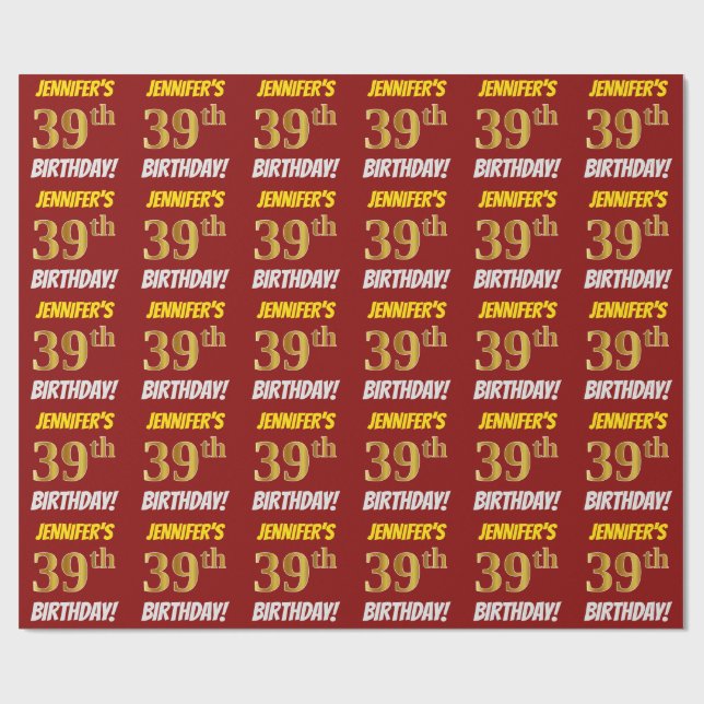 Red, Faux/Imitation Gold, "39th BIRTHDAY" Wrapping Paper (Flat)