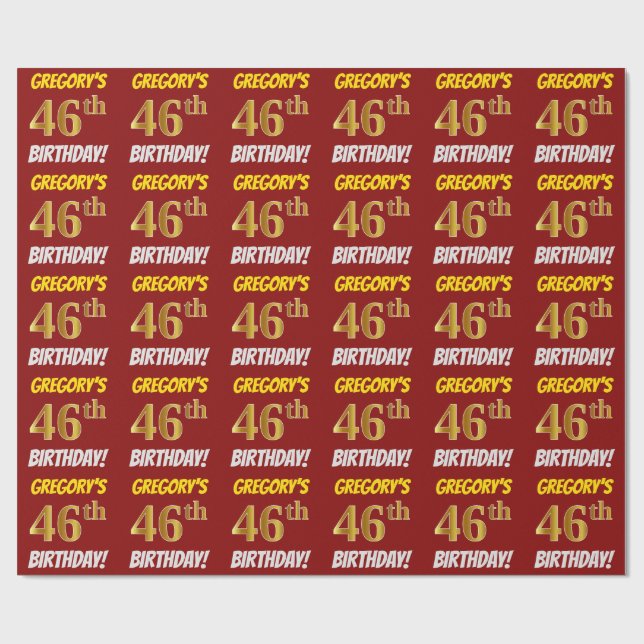 Red, Faux/Imitation Gold, "46th BIRTHDAY" Wrapping Paper (Flat)