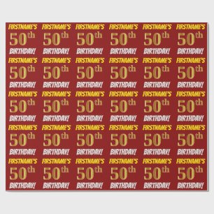 Red, Faux/Imitation Gold, "50th BIRTHDAY" Wrapping Paper