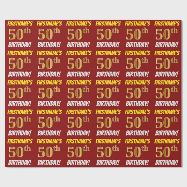 Red, Faux/Imitation Gold, "50th BIRTHDAY" Wrapping Paper (Flat)