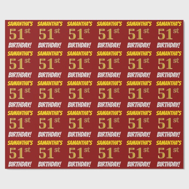 Red, Faux/Imitation Gold, "51st BIRTHDAY" Wrapping Paper (Flat)
