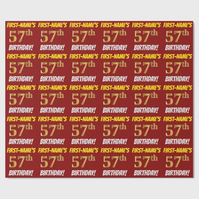 Red, Faux/Imitation Gold, "57th BIRTHDAY" Wrapping Paper (Flat)