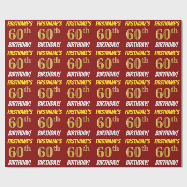 Red, Faux/Imitation Gold, "60th BIRTHDAY" Wrapping Paper (Flat)