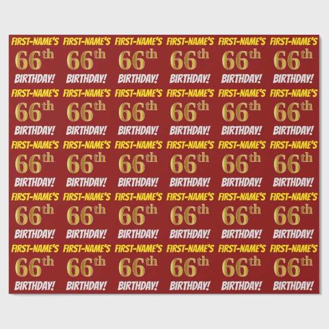 Red, Faux/Imitation Gold, "66th BIRTHDAY" Wrapping Paper (Flat)