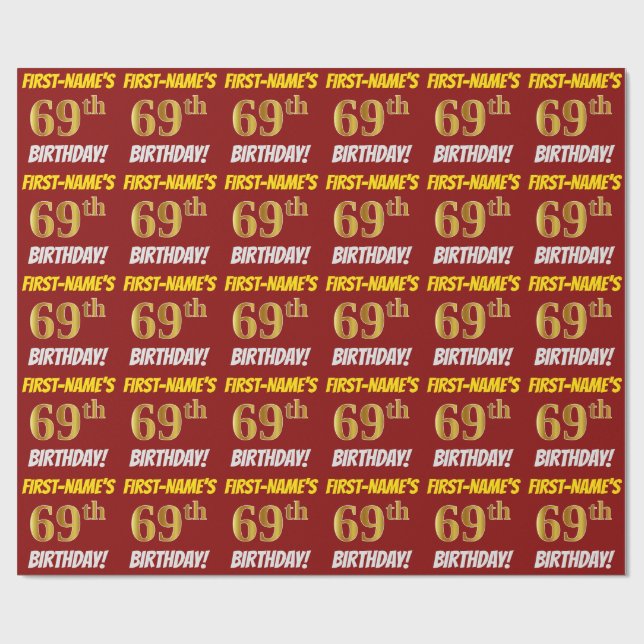 Red, Faux/Imitation Gold, "69th BIRTHDAY" Wrapping Paper (Flat)