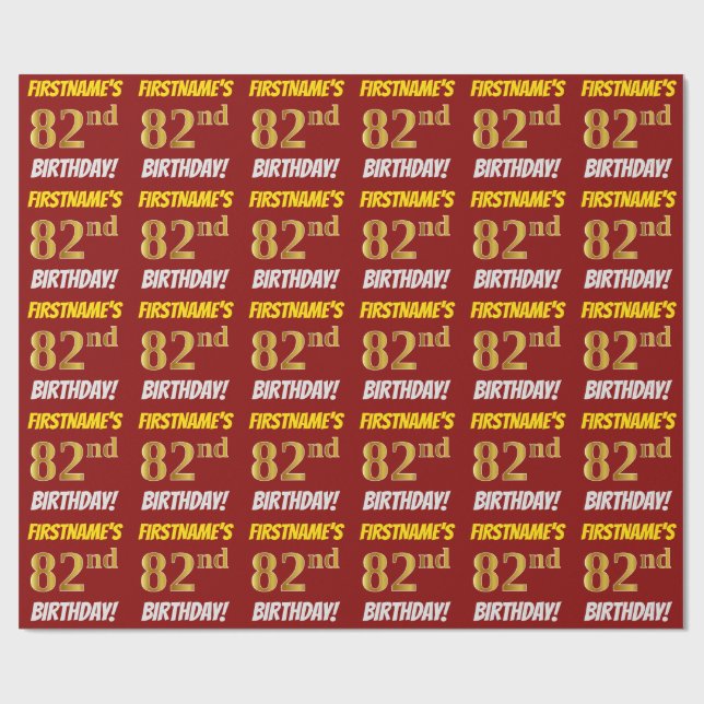 Red, Faux/Imitation Gold, "82nd BIRTHDAY" Wrapping Paper (Flat)