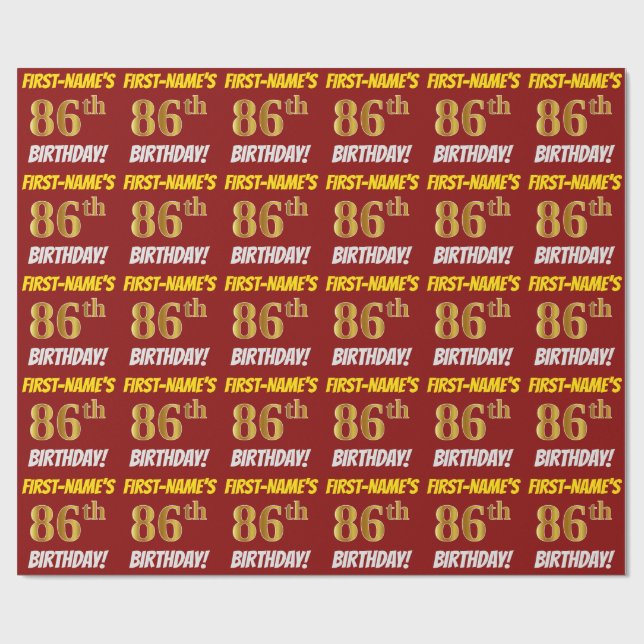 Red, Faux/Imitation Gold, "86th BIRTHDAY" Wrapping Paper (Flat)