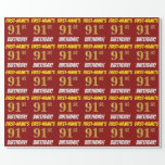 [ Thumbnail: Red, Faux/Imitation Gold, "91st Birthday" Wrapping Paper ]