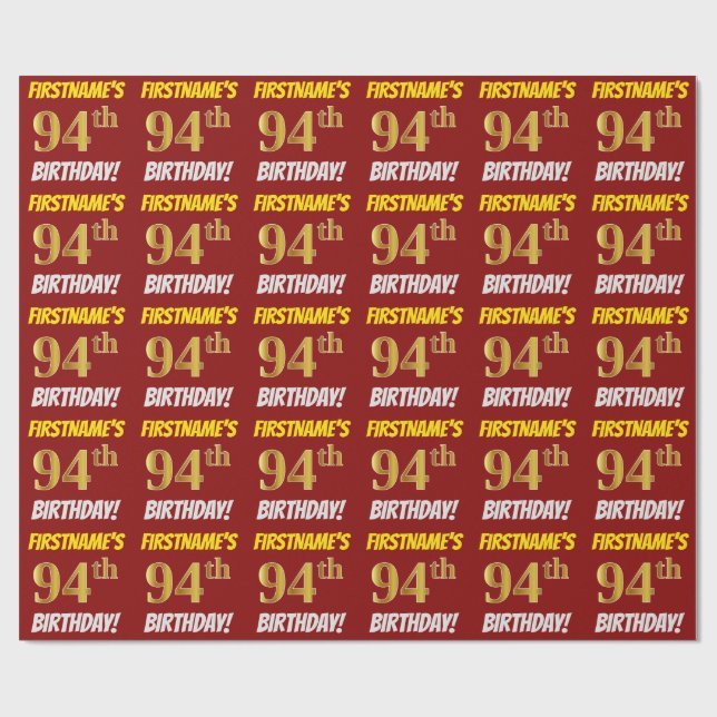 Red, Faux/Imitation Gold, "94th BIRTHDAY" Wrapping Paper (Flat)