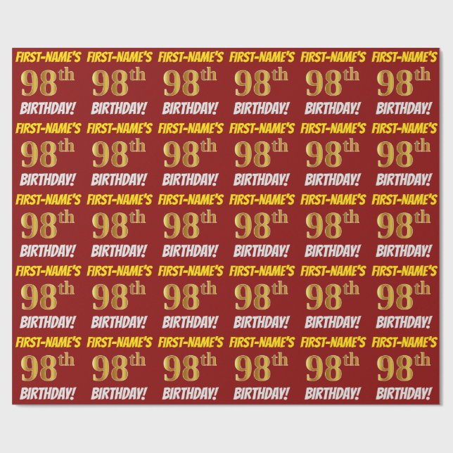 Red, Faux/Imitation Gold, "98th BIRTHDAY" Wrapping Paper (Flat)