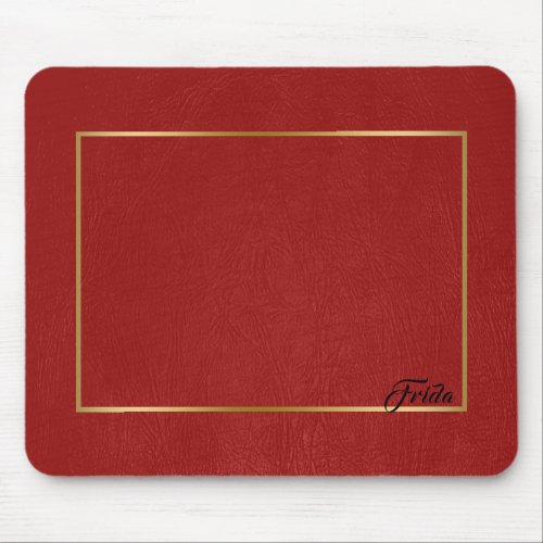 Red Faux Leather Gold Border Frame Mouse Pad