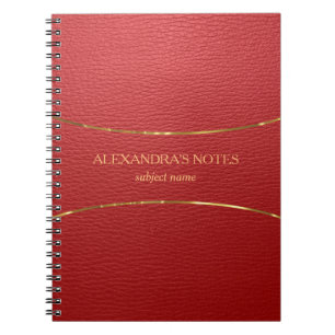 Red faux leather texture gold accent notebook
