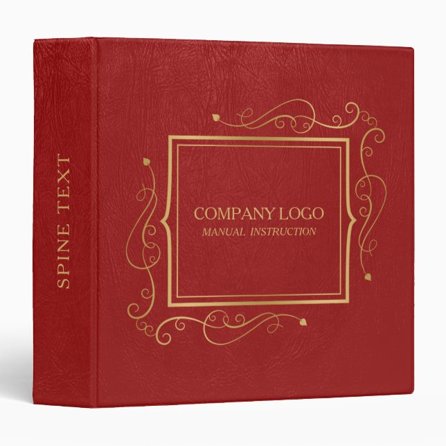 Red Faux Leather With Gold Frame Accent 3 Ring Binder (Front/Spine)