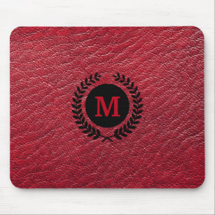 Red Faux Leather with Laurel Wreath Monogram Mouse Pad