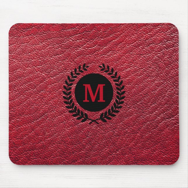 Red Faux Leather with Laurel Wreath Monogram Mouse Pad (Front)