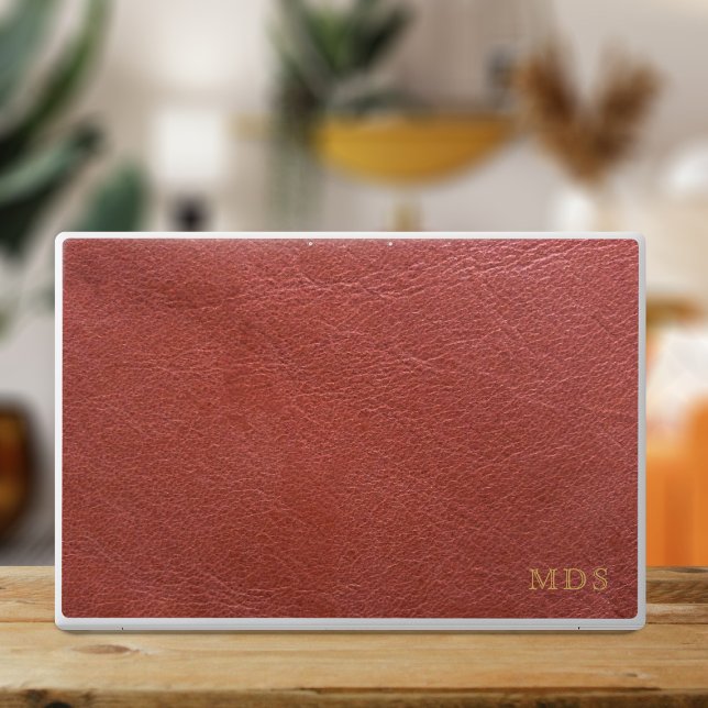 Red Faux Oxblood Leather Look Gold Modern Monogram HP Laptop Skin (A faux reddish oxblood leather look laptop skin with space for your initials)