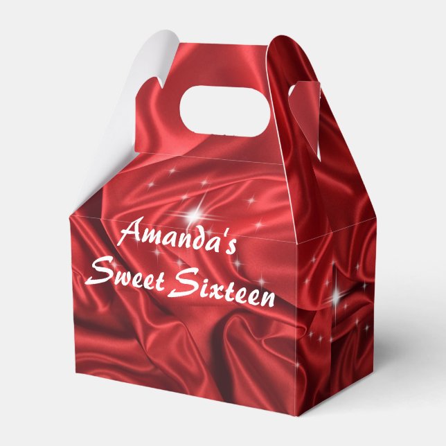Red Faux Satin, Sweet Sixteen, Birthday Party Favor Boxes (Front Side)