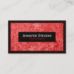Red Faux Suede Leather Floral Design Business Card