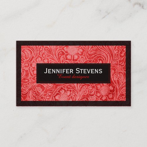 Red Faux Suede Leather Floral Design Business Card