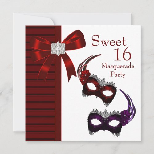 Red Feather Masks Sweet 16 Masquerade Party Invitation