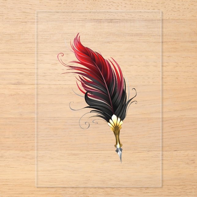 Red feather pen with gold nib acrylic invitations (Front)