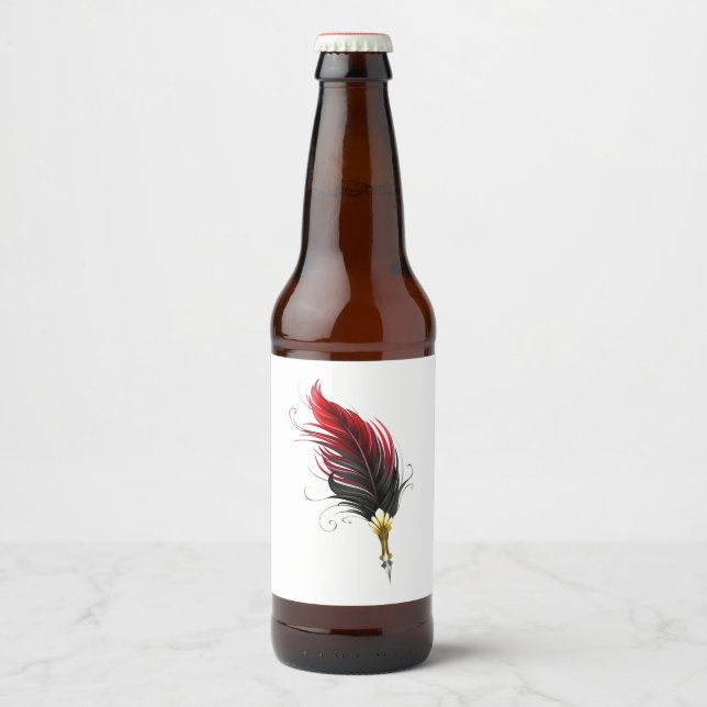 Red feather pen with gold nib beer bottle label (Front)