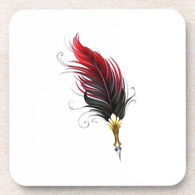 Red feather pen with gold nib beverage coaster (Front)