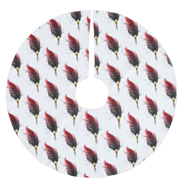 Red feather pen with gold nib brushed polyester tree skirt (Front)