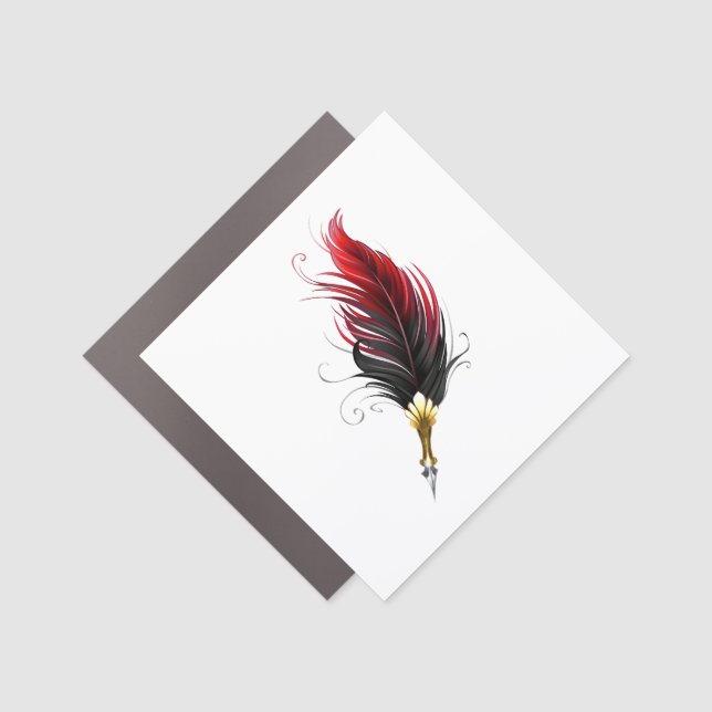 Red feather pen with gold nib car magnet (Front)