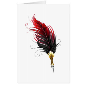 Red feather pen with gold nib card