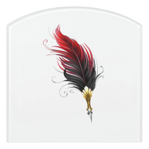 Red feather pen with gold nib door sign
