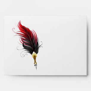 Red feather pen with gold nib envelope