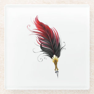 Red feather pen with gold nib glass coaster