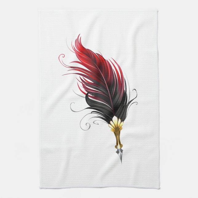 Red feather pen with gold nib kitchen towel (Vertical)
