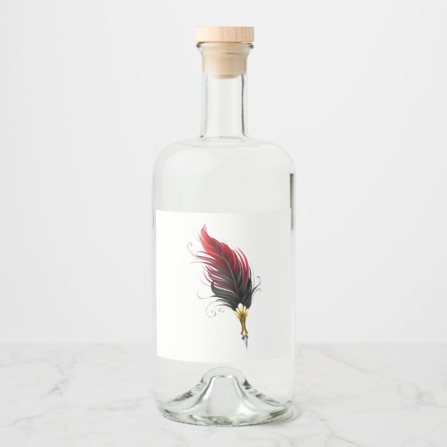 Red feather pen with gold nib liquor bottle label (Front)